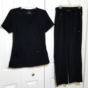 Cherokee Infinity scrubs, black, small pants, extra small top.